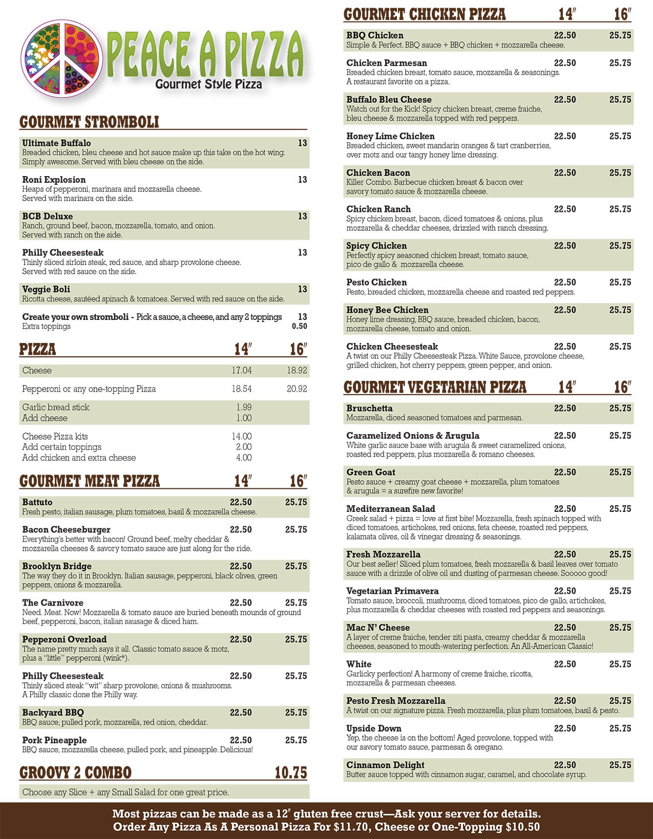 Peace-A-Pizza Menu Page 1